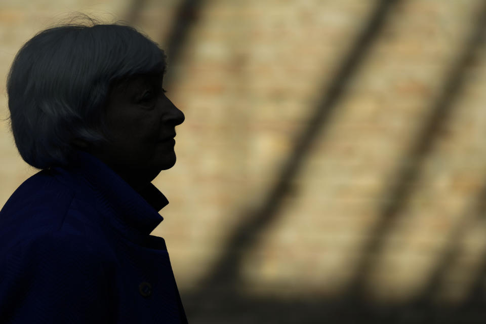 United States Secretary of the Treasury Janet Yellen arrives to attend a press conference at a G20 Economy, Finance ministers and Central bank governors' meeting in Venice, Italy, Sunday, July 11, 2021. (AP Photo/Luca Bruno)