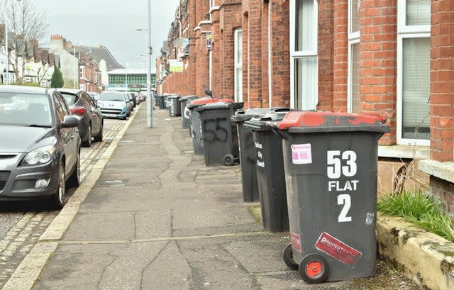 Wheelie bins, Wellesley Avenue, Belfast: Albert Bridge/Creative Commons