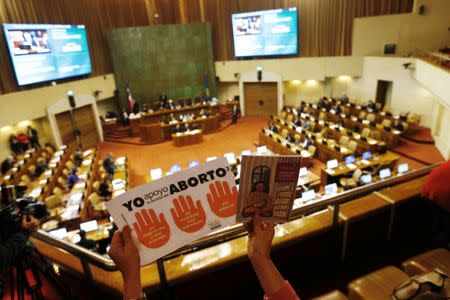 A demonstrator in favour of abortion holds a placard that reads, "I support abortion" during a session at Chile's Chamber of Deputies to approve a bill of the government to legalise abortion in certain cases, in Valparaiso, Chile July 20, 2017. REUTERS/Rodrigo Garrido