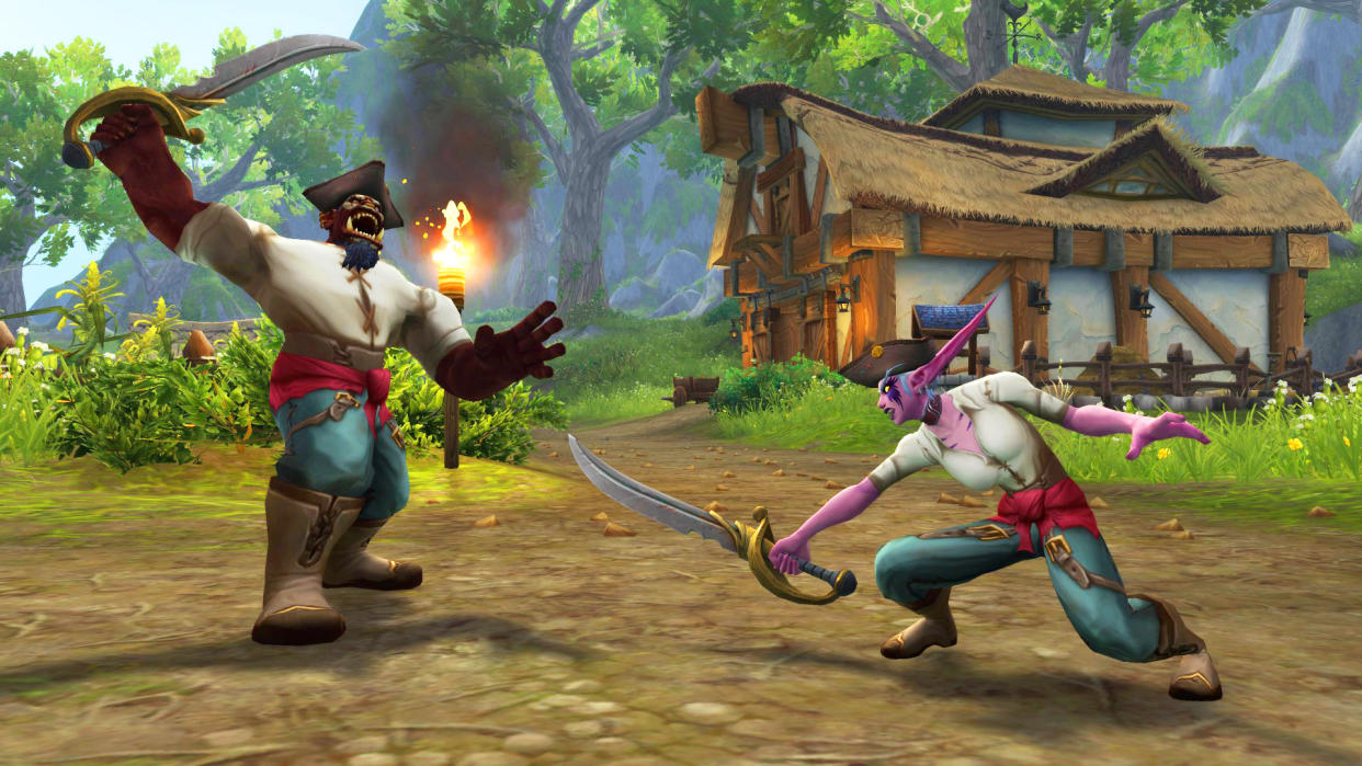  A World of Warcraft Orc and Night Elf battle in pirate outfits. 