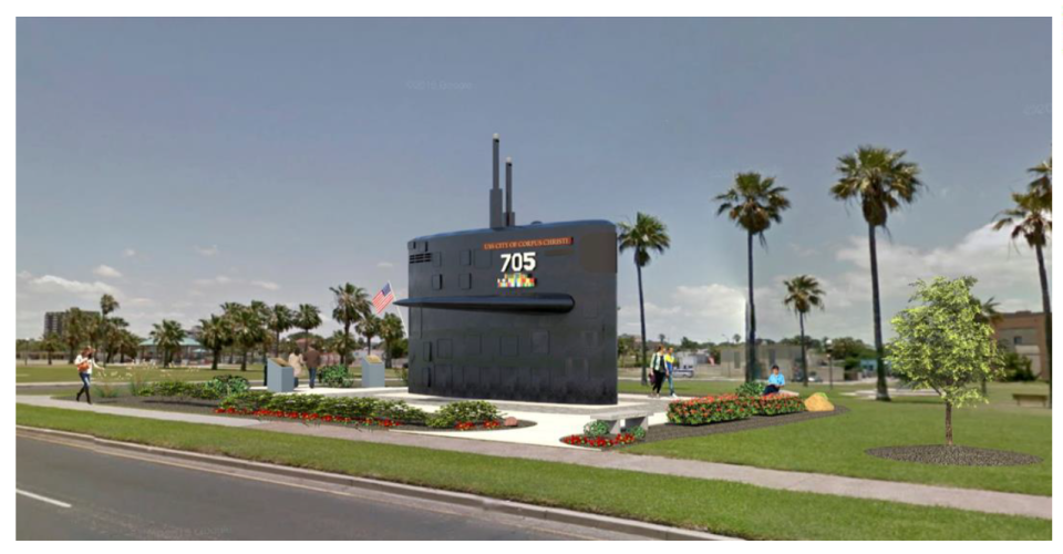 A conceptual rendering contributed by a donor to the city of Corpus Christi shows the potential installation of the decommissioned U.S.S. Corpus submarine sail in Sherrill Veterans Memorial Park.