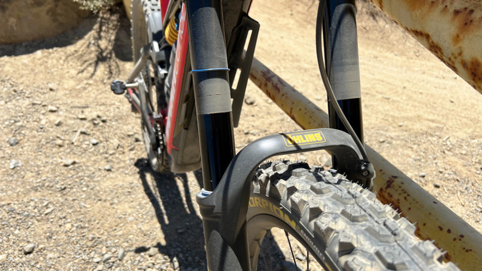 A closer look at the Limited Edition’s Öhlins DH38 fork and Pirelli Scorpion tires. - Credit: Michael Van Runkle