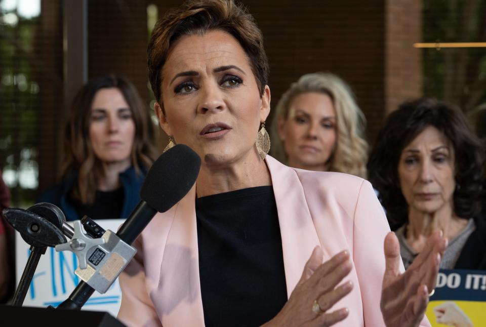 U.S. Senate candidate Kari Lake answers questions during a press conference on Feb. 7, 2024, at her headquarters in Phoenix.