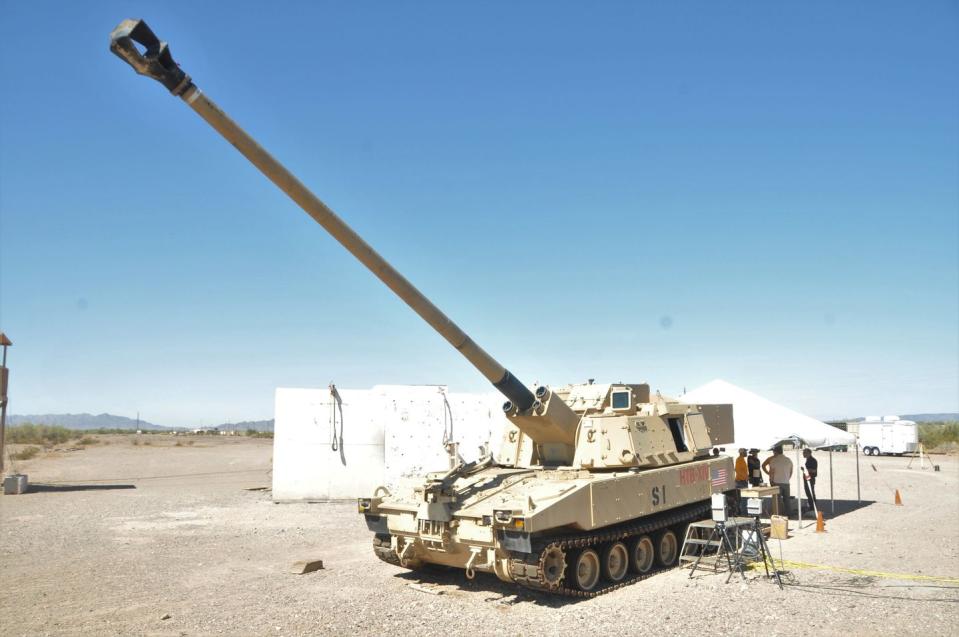 test of the autoloader for an m1299 self propelled howitzer with xm907 58 caliber barrel elevated in june 2019 at yuma army proving ground