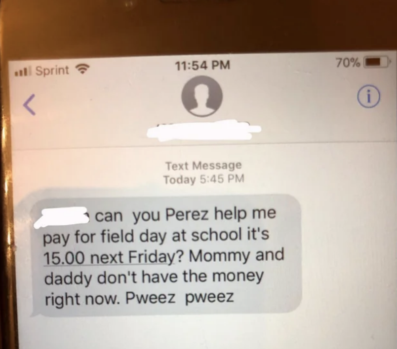 The text from younger child's phone asks the older child to pay for the younger's field trip because "mommy and daddy don't have the money right now"