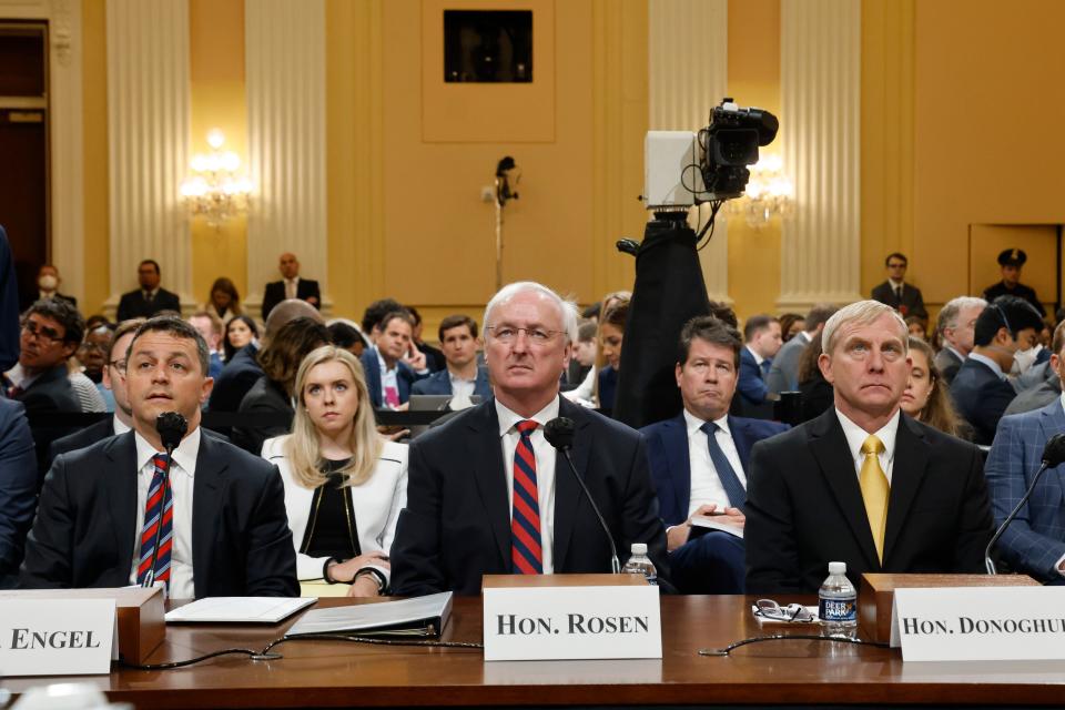 Former Assistant U.S. Attorney General for the Office of Legal Counsel Steven Engel, left, is joined by  former acting U.S. Attorney General Jeffrey Rosen and former acting U.S. Deputy Attorney General Richard Donoghue during a public hearing of the House committee investigating the Jan. 6, 2021, attack on the U.S. Capitol.