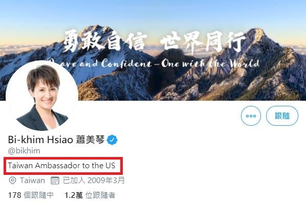 駐美代表蕭美琴近日將個人推特上的自我簡介改成了「Taiwan Ambassador to the US（台灣駐美大使）」（圖／翻攝推特）