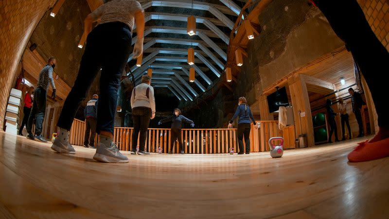 People get a treatment in the Wieliczka salt mine in Wieliczka