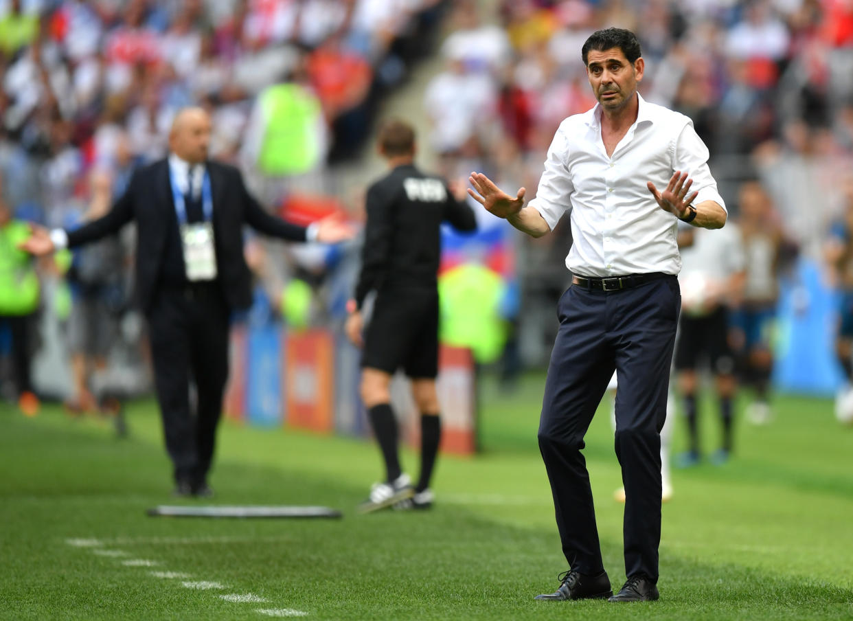 Spain coach Fernando Hierro has stepped down as head coach of the national team and as the sporting director of the Spanish Football Association following the country’s World Cup loss to Russia last week. (Getty Images)