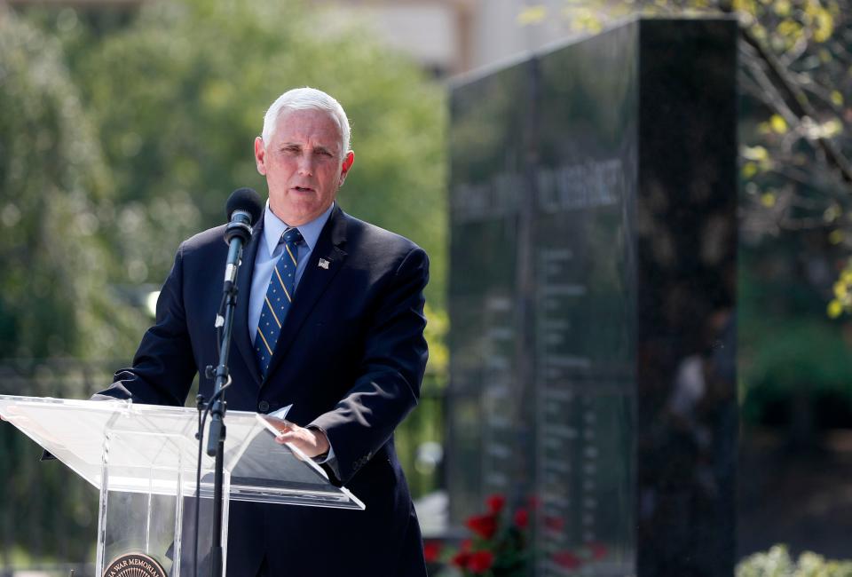 Former vice president and Indiana governor Mike Pence speaks during the re-dedication for the 9/11 Memorial Sept. 10, 2021, in downtown Indianapolis. Today marks the 20th anniversary of the Sept. 11 attack. The event, which included speakers and music, acknowledged the expansion of the memorial. These expansions include a piece of the damaged Pentagon.