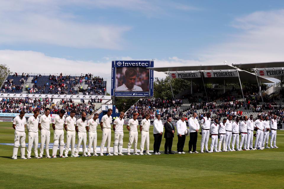 England and West Indies players during a minute of silence in Birmingham.&nbsp;