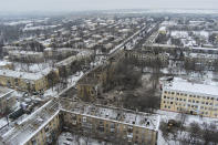 An aerial view of an apartment building hit by a Russian rocket in Kramatorsk, Ukraine, Thursday, Feb. 2, 2023. (AP Photo/Yevgen Honcharenko)