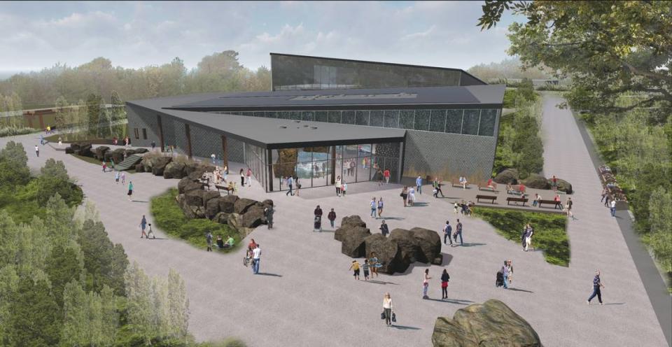 A rendering shows the exterior of the new aquarium at the Kansas City Zoo.