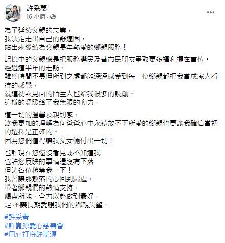 為了延續父親的志業，許采蓁將參選下一屆高雄市議員。（圖／翻攝自許采蓁臉書）