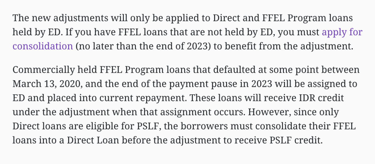 Borrowers with commercially-held FFEL or HEAL loans must consolidate into a Direct Loan Consolidation by December 31, 2023 to receive the one-time payment adjustment.