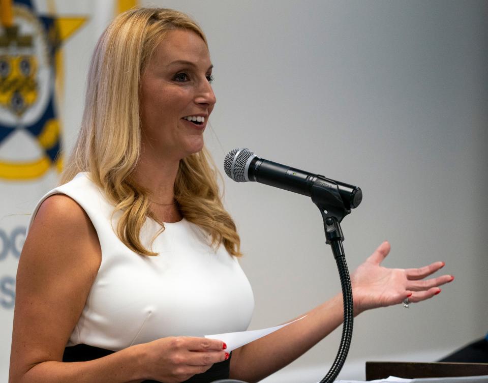 Evansville mayoral Republican candidate Natalie Rascher speaks to the crowd during the Fraternal Order of Police Lodge #73 PAC night in Evansville, Ind., Wednesday, Aug. 23, 2023.