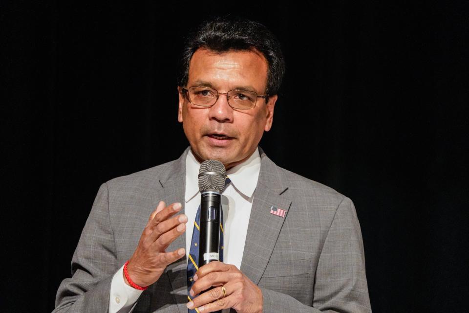 Raju Chinthala speaks during a League of Women Voters forum on Thursday, April 4, 2024, at Anderson High School Auditorium in Anderson Ind. The forum included Republican and Democratic candidates running for the 5th Congressional District.