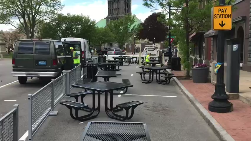 A temporary seating plaza has been created near Taunton Green to attract people to visit nearby restaurants and businesses.