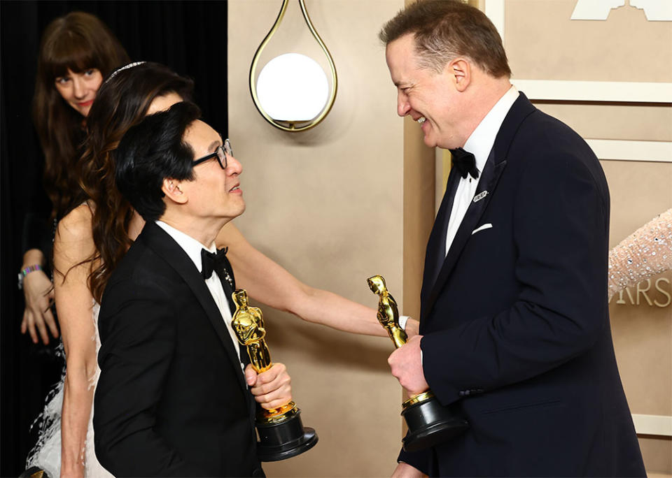 Ke Huy Quan, winner of the Best Supporting Actor award for "Everything Everywhere All at Once," and Brendan Fraser, winner of the Best Actor in a Leading Role award for "The Whale," pose in the press room during the 95th Annual Academy Awards on March 12, 2023 in Hollywood, California.