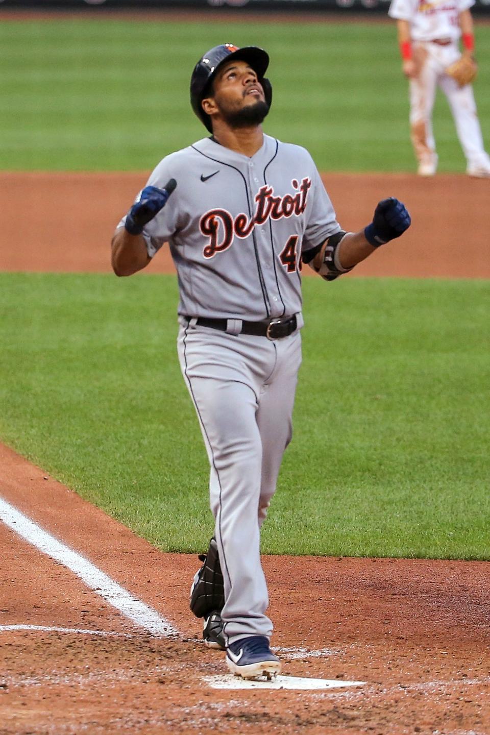 Tigers first baseman Jeimer Candelario looks skyward as he crosses home plate after hitting solo home run during the sixth inning in the second game of the doubleheader against the Cardinals on Thursday, Sept. 10, 2020, in St. Louis.