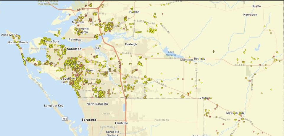 A Manatee County map showing the location of buildings damaged by Hurricane Ian.