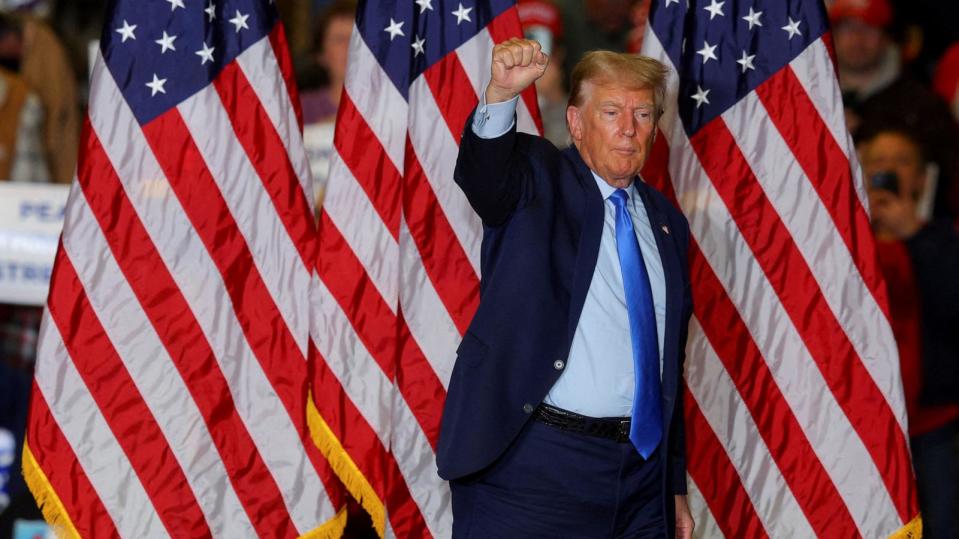 PHOTO: Republican presidential candidate and former President Donald Trump gestures during a campaign rally in Claremont, N.H.,  Nov. 11, 2023. (Brian Snyder/Reuters)