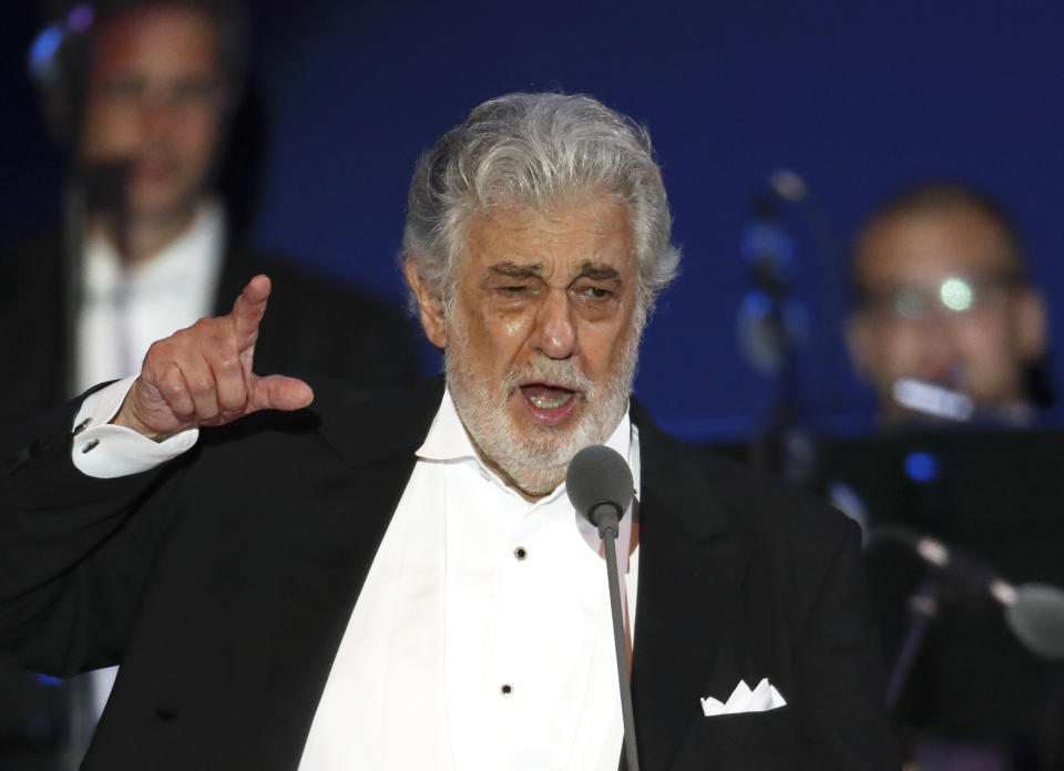 Opera star Placido Domingo performs during a concert in Szeged, Hungary, Wednesday, Aug. 28, 2019. Domingo continued his calendar of European engagements unabated despite allegations of sexual harassment, appearing Wednesday at a concert in southern Hungary to inaugurate a sports complex for a local Catholic diocese.(AP Photo/Laszlo Balogh)