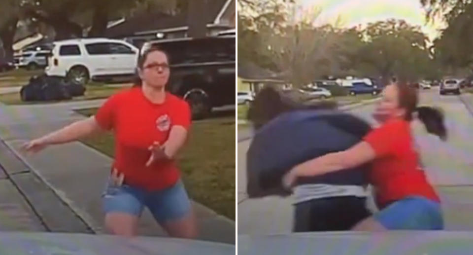 A woman tackles a suspect as he tries to escape police