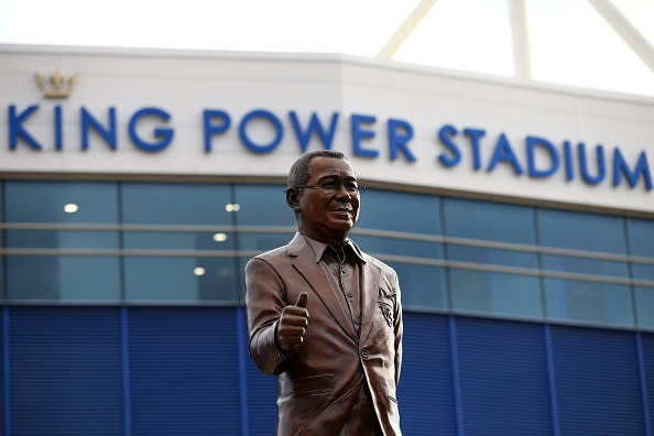 LEICESTER, ENGLAND - APRIL 07: A detailed view of a statue of Khun Vichai Srivaddhanaprabha, former Leicester City Chairman, outside the stadium prior to the UEFA Conference League Quarter Final Leg One match between Leicester City and PSV Eindhoven at  on April 07, 2022 in Leicester, England. (Photo by Alex Livesey/Getty Images)