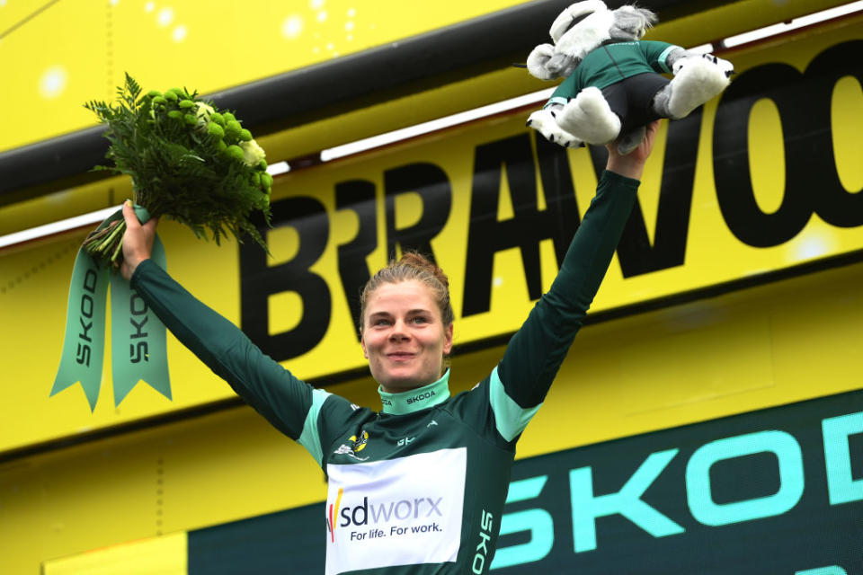 MAURIAC FRANCE  JULY 24 Lotte Kopecky of Belgium and Team SD Worx  Protime celebrates at podium as Green points jersey winner during the 2nd Tour de France Femmes 2023 Stage 2 a 1517km stage from ClermontFerrand to Mauriac  UCIWWT  on July 24 2023 in Mauriac France Photo by Alex BroadwayGetty Images