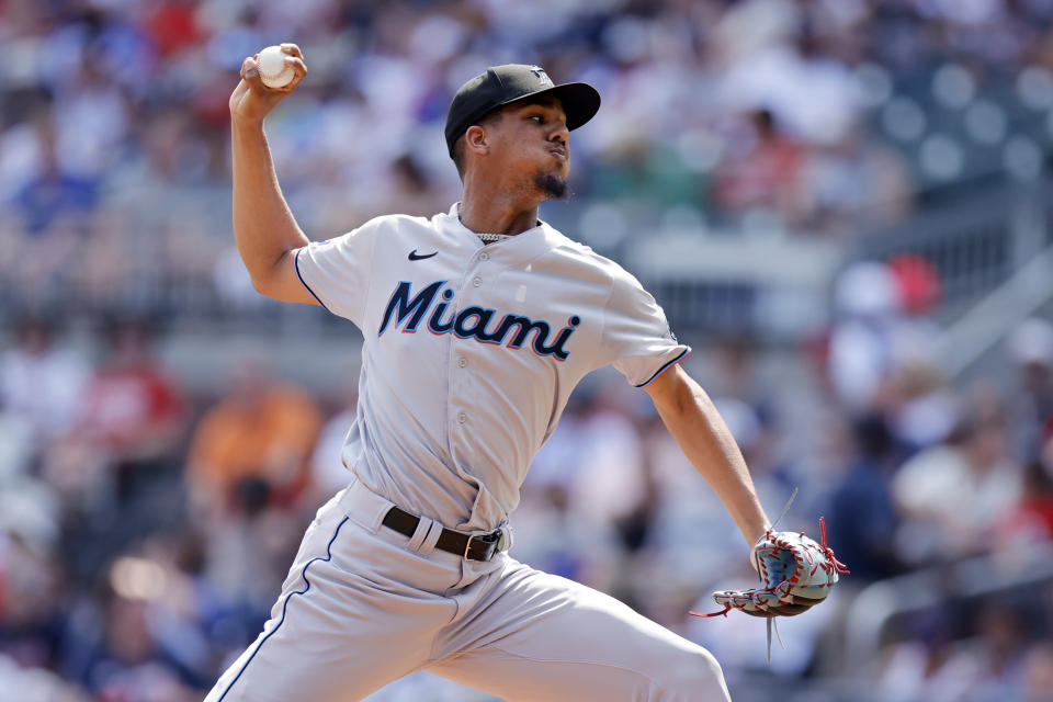 Miami Marlins starting pitcher Eury Perez (39) works against the Atlanta Braves in the first inning during a baseball game Saturday, July 1, 2023, in Atlanta. (AP Photo/Alex Slitz)