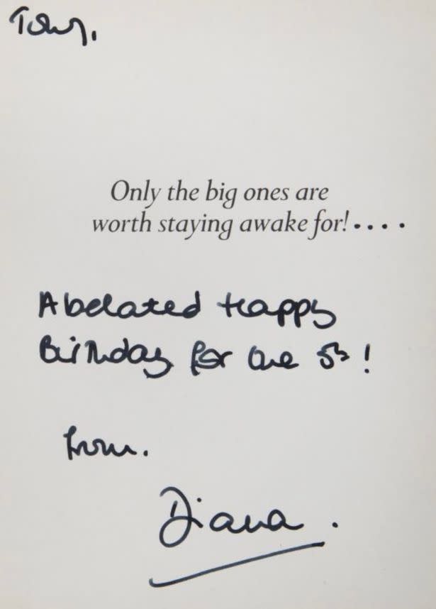 Inside the card is a cheeky punchline and a handwritten message from Princess Diana. Source: Julien’s Auctions