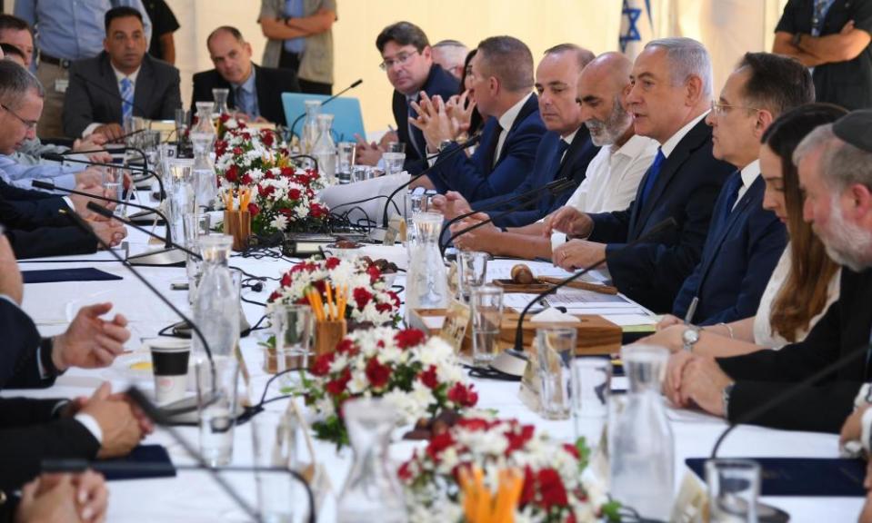 Netanyahu speaks during the cabinet meeting held in the Jordan Valley