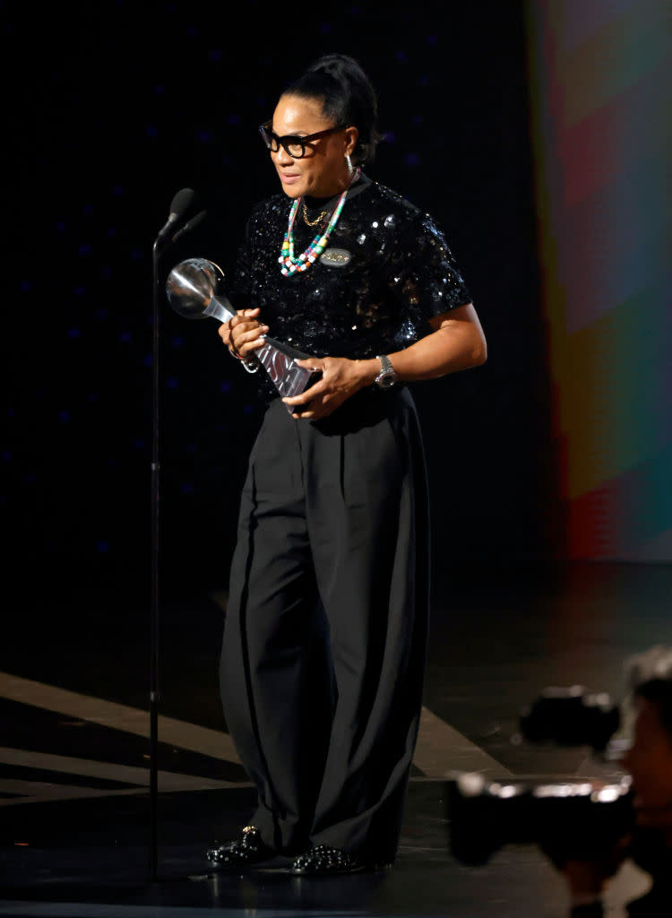 Dawn Staley accepts the Jimmy V Award for Perseverance onstage during the 2024 ESPY Awards.