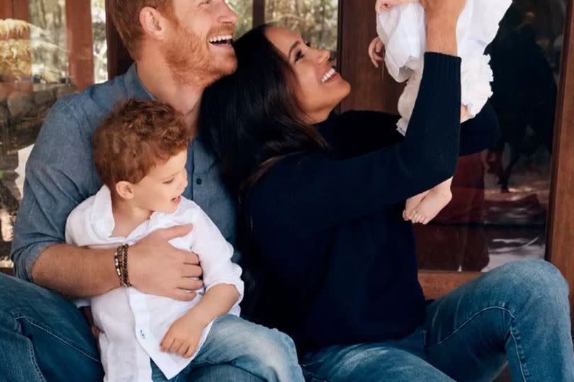 Prince Harry and Meghan Markle with kids Archie and Lilibet and, right, Meghan's dad Thomas Markle