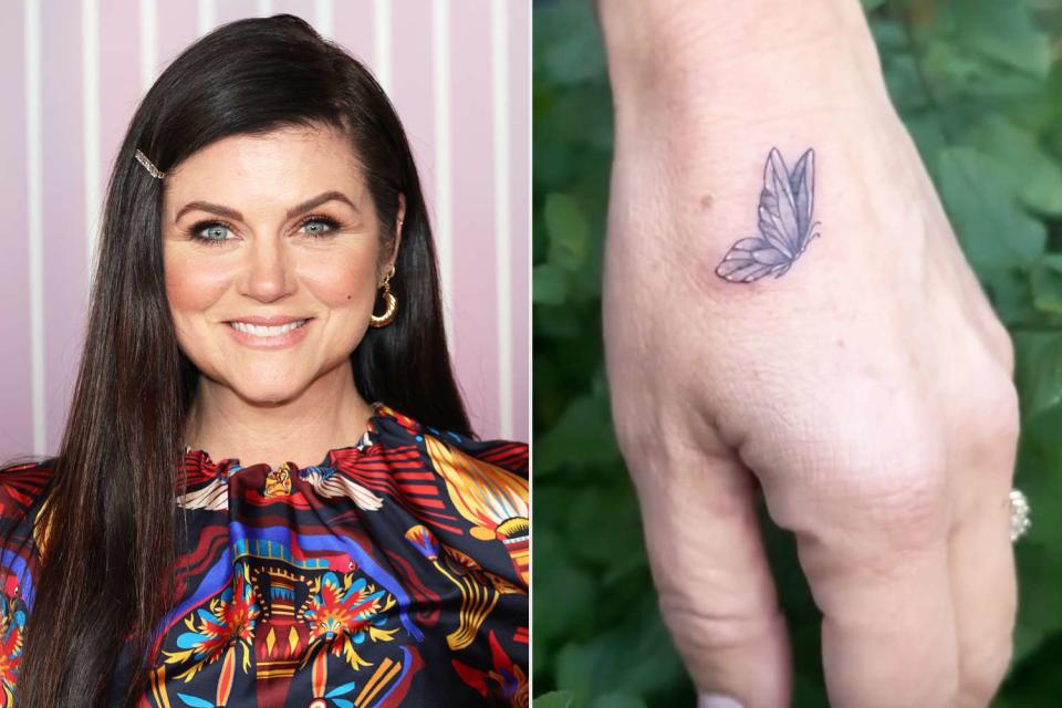 <p>Monica Schipper/WireImage; Tiffani Thiessen/Instagram</p> Tiffany Thiessen and her butterfly tattoo