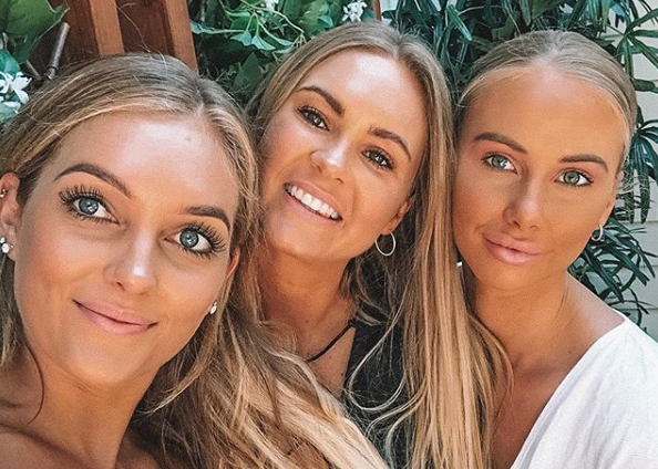 A photo of The Bachelor Australia contestants Nichole Wood, Chelsea McLeod and Rachael Arahill on set.