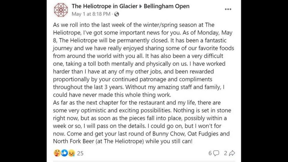 Screenshot of a Heliotrope restaurant Facebook post on May 1, 2023.