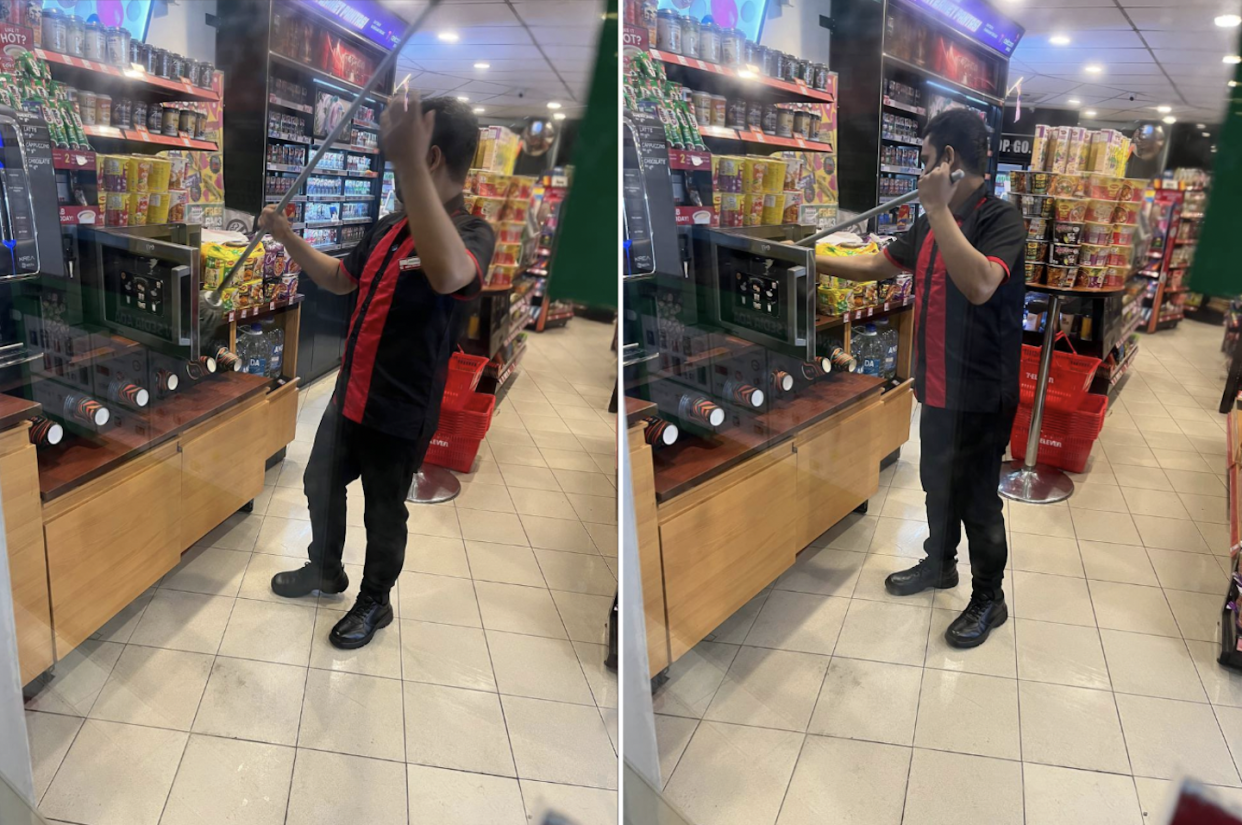 Photos of 7-Eleven Malaysia staff using a floor mop to clean microwave (Photos: Twitter) 