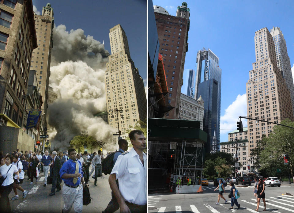 <p>Pedestrians on Park Row flee the area of the World Trade Center as the south tower collapses following the terrorist attack on Sept. 11, 2001, left; buildings have been demolished for residential housing now under construction on Park Row in New York City, Aug. 12, 2017. (Photos: Amy Sancetta/AP – Gordon Donovan/Yahoo News) </p>