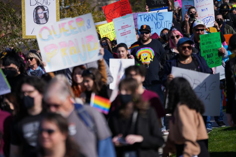 Protest at the Arizona Capitol on Jan. 22, 2023, in Phoenix in response to anti-drag show bills.