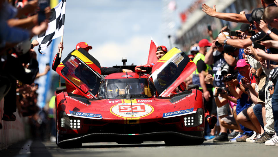 Ferrari's winning car and its pilots at the 2023 24 Hours of Le Mans.