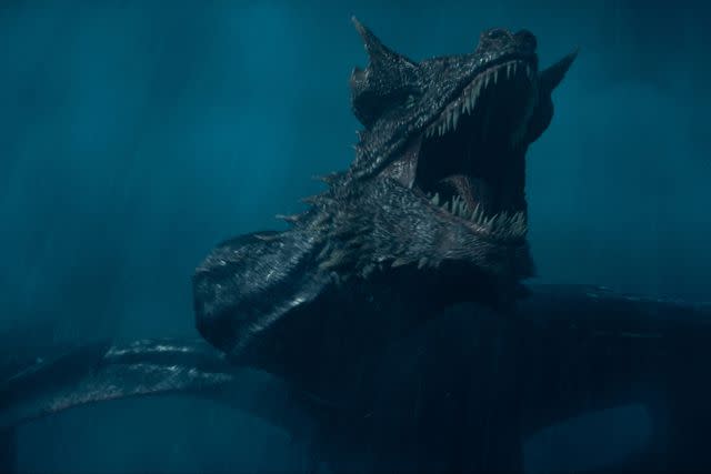 <p>Courtesy of HBO</p> Prince Daemon's dragon Caraxes roars in 'House of the Dragon' season 2