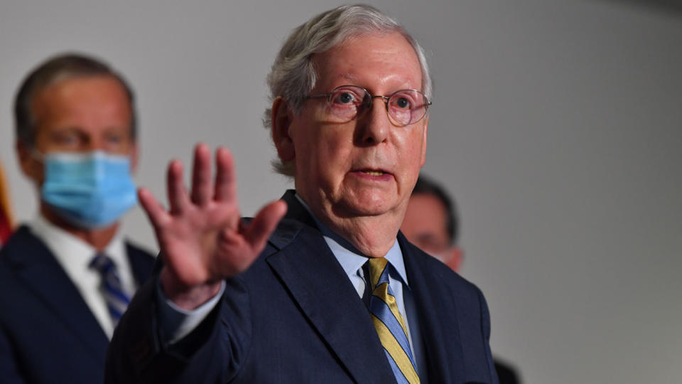 US Senate Majority Leader Mitch McConnell (R-KY) speaks at a press conference at the US Capitol on September 22, 2020 in Washington, DC, as McConnell said in a statement that the Senate would take up President Donald Trumps nominee for the Supreme Court following the death of Justice Ruth Bader Ginsburg. (Nicholas Kamm/AFP via Getty Images)