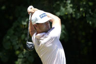 Taylor Moore tees off on the second hole during the final round of the Wyndham Championship golf tournament in Greensboro, N.C., Sunday, Aug. 7, 2022. (AP Photo/Chuck Burton)