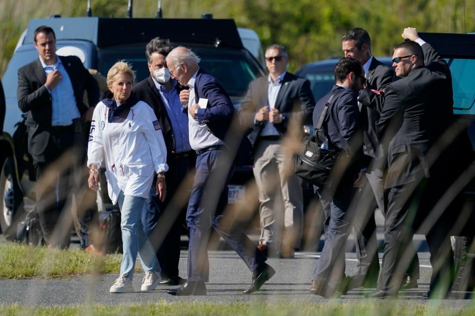 President Joe Biden and first lady Jill Biden walk to Marine One at Cape Henlopen State Park in Rehoboth Beach, Del., Sunday, June 5, 2022. The Bidens are returning to Washington after spending the weekend at their home in Rehoboth Beach.