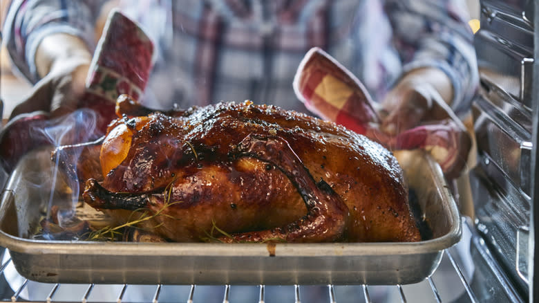 Person pulling turkey from oven