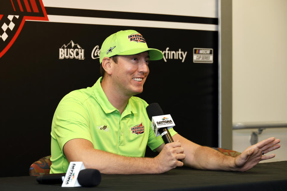 Kyle Busch answers a question from a reporter during a media availability before a NASCAR Cup Series auto race at Daytona International Speedway, Saturday, Aug. 27, 2022, in Daytona Beach, Fla. (AP Photo/Terry Renna)