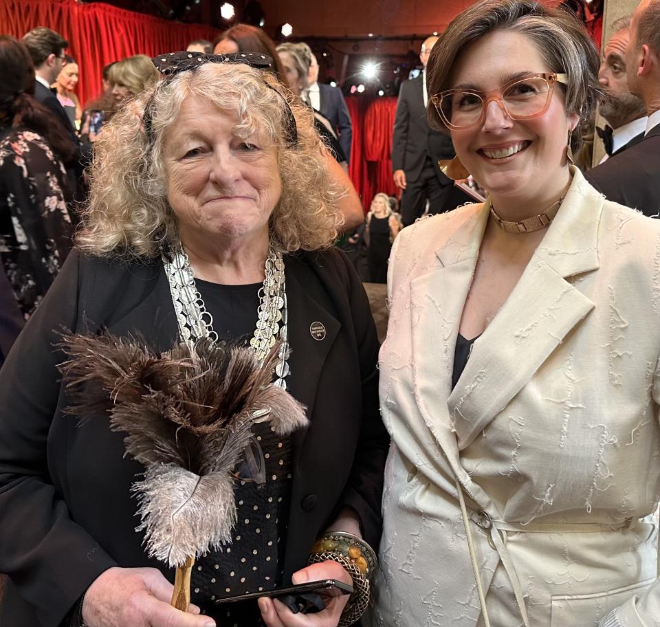 Costume designer Jenny Beavan with associate costume designer Lauren Reyhani at the Dolby Theatre. (Photo: Baz Bamigboye)