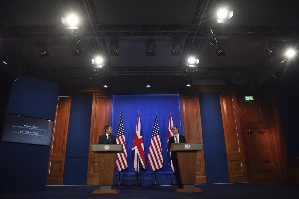 Britain's Foreign Secretary Dominic Raab, right, and US Secretary of State Antony Blinken attend a joint press conference at Downing Street in London, Monday, May 3, 2021, during the G7 foreign ministers meeting. (Ben Stansall/Pool Photo via AP)